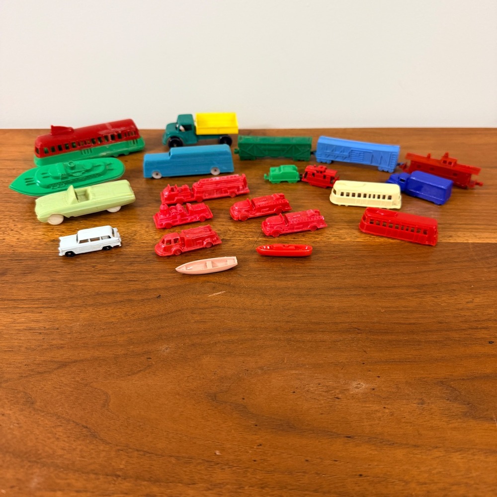Vintage Plastic Toy Trains Trolley Boats Cars Firetrucks Trucks Lot of 21